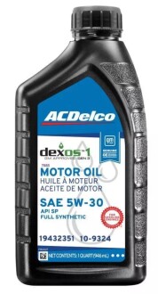 Олива моторна синтетична AC Delco "Full Synthetic Motor Oil Dexos1 Gen3 5W-30 SP" 0,946л (19432351) ACDELCO 109324