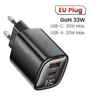 Зарядное устройство цифровой дисплей 33W GaN USB-C быстрая зарядка TOOCKI TCT33AXRB01