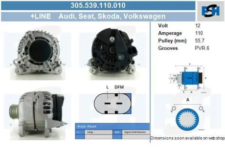 Генератор Audi A1/A3/Skoda Fabia/Octavia/Yeti/VW Passat Caddy/Crafter/T5 09-17 (12V/110A) CV PSH 305539110010
