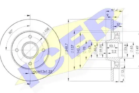 Диск тормозной (задний) Citroen C4/Peugeot 307 05- (249x9) (+ABS) (с подшипником) (d=25) ICER 78BD4744-1