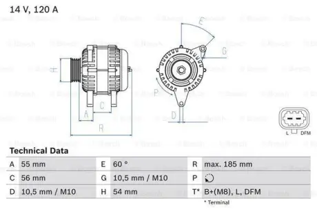 Генератор (14В, 120А, відновлений) OPEL CORSA D, INSIGNIA A, MERIVA B 1.4-1.8 07.08-03.17 BOSCH 0986082380