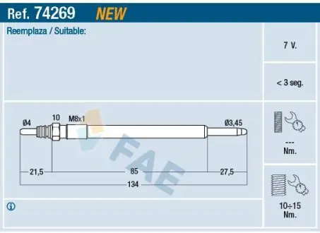 Свічка накалу VOLVO C30, C70 II, S40 II, S60 II, S80 II, S90 II, V40, V50, V60 I, V60 II, V70 III, V70 III/KOMBI, V90 II, XC40, XC60 I, XC60 II, XC70 II, XC90 II 2.0D/2.4D/2.4DH 03.06- FAE 74269