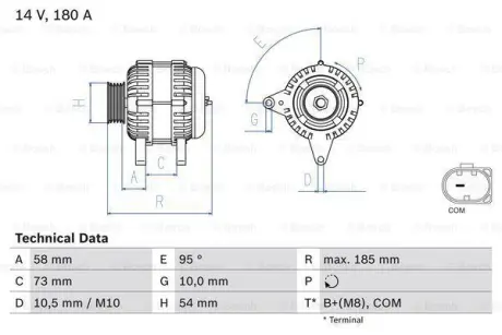 Генератор (14В, 180А, відновлений) BMW 1 (F20), 1 (F21), 3 (F30, F80), 3 (F31), 3 GRAN TURISMO (F34) 1.6D/2.0D 07.11-06.19 BOSCH 0986082850