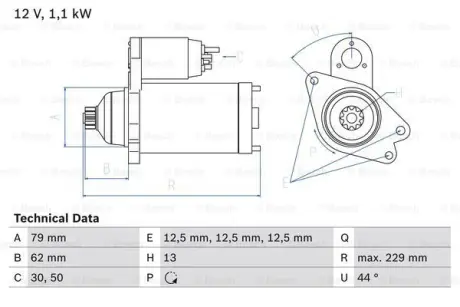 Стартер (12В, 1,1кВт, відновлений) AUDI A1, A3, Q3, SEAT IBIZA IV, IBIZA IV SC, IBIZA IV ST, IBIZA V, LEON, LEON SC, LEON ST, MII, TOLEDO IV, SKODA CITIGO, FABIA III 1.0-2.0 08.11- BOSCH 0986029110
