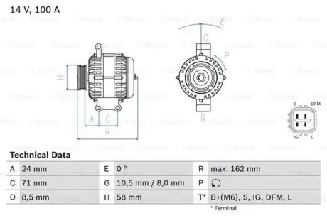 Генератор (14В, 100А, відновлений) TOYOTA AURIS, COROLLA 2.0D/2.2D 10.06-07.14 BOSCH 0986082080