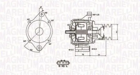 Генератор (12В, 70А) TOYOTA HIACE IV, HILUX VI 2.4D 08.95-01.02 MAGNETI MARELLI 063731367010