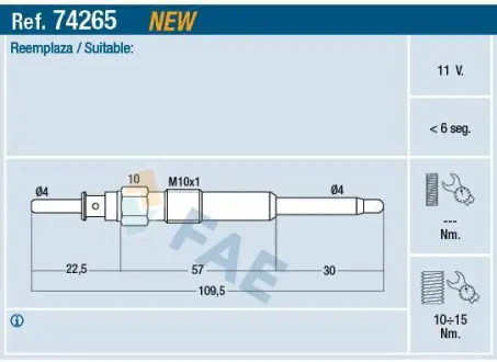 Свічка накалу ALFA ROMEO 147, 159, FIAT BRAVO II, CROMA, DOBLO, DOBLO/MINIVAN, GRANDE PUNTO, MULTIPLA, PUNTO, PUNTO/HATCHBACK, STILO, OPEL ASTRA H, ASTRA H GTC, ASTRA H/KOMBI, SIGNUM 1.9D 02.00- FAE 74265