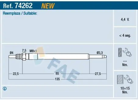 Свічка накалу VOLVO C30, C70 II, S40 II, S60 I, S60 II, S80 II, V50, V60 I, V70 II, V70 III, XC60 I, XC70 I, XC70 II, XC90 I 2.0D/2.4D 01.01-02.17 FAE 74262