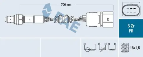 Лямбда-зонд (кількість дротів 6, 700мм) AUDI A3, SEAT ALTEA, ALTEA XL, LEON, TOLEDO III, SKODA OCTAVIA II, VW GOLF PLUS V, GOLF V, GOLF VI, JETTA III, TOURAN 1.6/1.6ALK/1.6LPG 05.03-12.13 FAE 75037