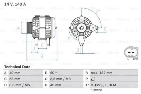 Генератор (14В, 140А, відновлений) AUDI A3, TT, SEAT EXEO, EXEO ST, SKODA SUPERB II, VW AMAROK, BEETLE, CALIFORNIA T5 CAMPER, CRAFTER 30-35, CRAFTER 30-50, EOS, GOLF V, MULTIVAN T5 1.4-3.6 04.03- BOSCH 0986083050