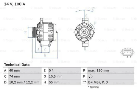 Генератор (14В, 100А, відновлений) MAZDA 6, MX-5 III 1.8-2.5 01.02-12.14 0 986 083 570 BOSCH 0986083570