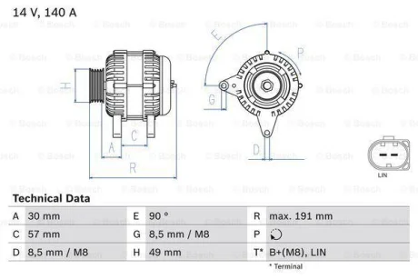 Генератор (14В, 140А, відновлений) AUDI A1, A3, SEAT ALHAMBRA, TOLEDO IV, SKODA RAPID, SUPERB II, YETI, VW CC B7, EOS, GOLF PLUS, GOLF PLUS V, GOLF VI, PASSAT B6, PASSAT B7 1.4/1.4ALK 05.07-07.18 BOSCH 0986083140