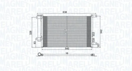 Конденсатор кондиціонера (з осушувачем) ALFA ROMEO 147, 156, GT 1.6-3.2 02.97-09.10 MAGNETI MARELLI 350203733000