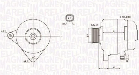 Генератор (12В, 150А, новий) HYUNDAI GRANDEUR, NISSAN PRIMASTAR, OPEL VIVARO A, RENAULT ESPACE IV, LAGUNA, LAGUNA II, LAGUNA III, TRAFIC II, VEL SATIS 2.0D/2.2D 08.05- MAGNETI MARELLI 063731959010