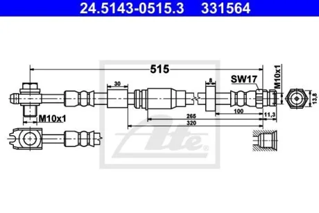 Гальмівний шланг гнучкий передн Лів/Прав (довжина 515мм, M10x1, 1,5/M10x1) SEAT MII, SKODA CITIGO, E-CITIGO, VW LOAD UP!, UP! 1.0/1.0CNG/Electric 08.11- ATE 24514305153